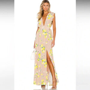 MAJORELLE Tan and Yellow Wrap Maxi Dress with Plunge Neckline